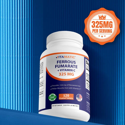 Vitamatic Ferrous Fumarate 325 mg + Vitamin C 100 mg (104 mg Elemental Iron) – High Potency Iron Supplement – Gentle on Stomach, 120 Coated Tablets, Made in USA
