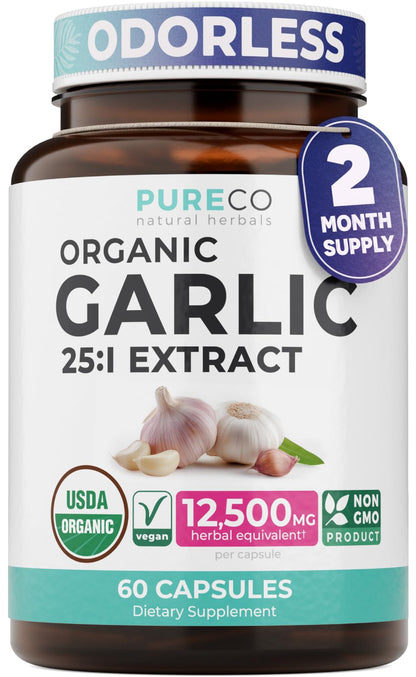 PURE CO USDA Organic Garlic Supplement - High Potency 25:1 Garlic Extract with 12,500mg Herbal Equivalent Strength for Immune & Heart Support - Odorless Vegan & Non-GMO (4 Month Supply)