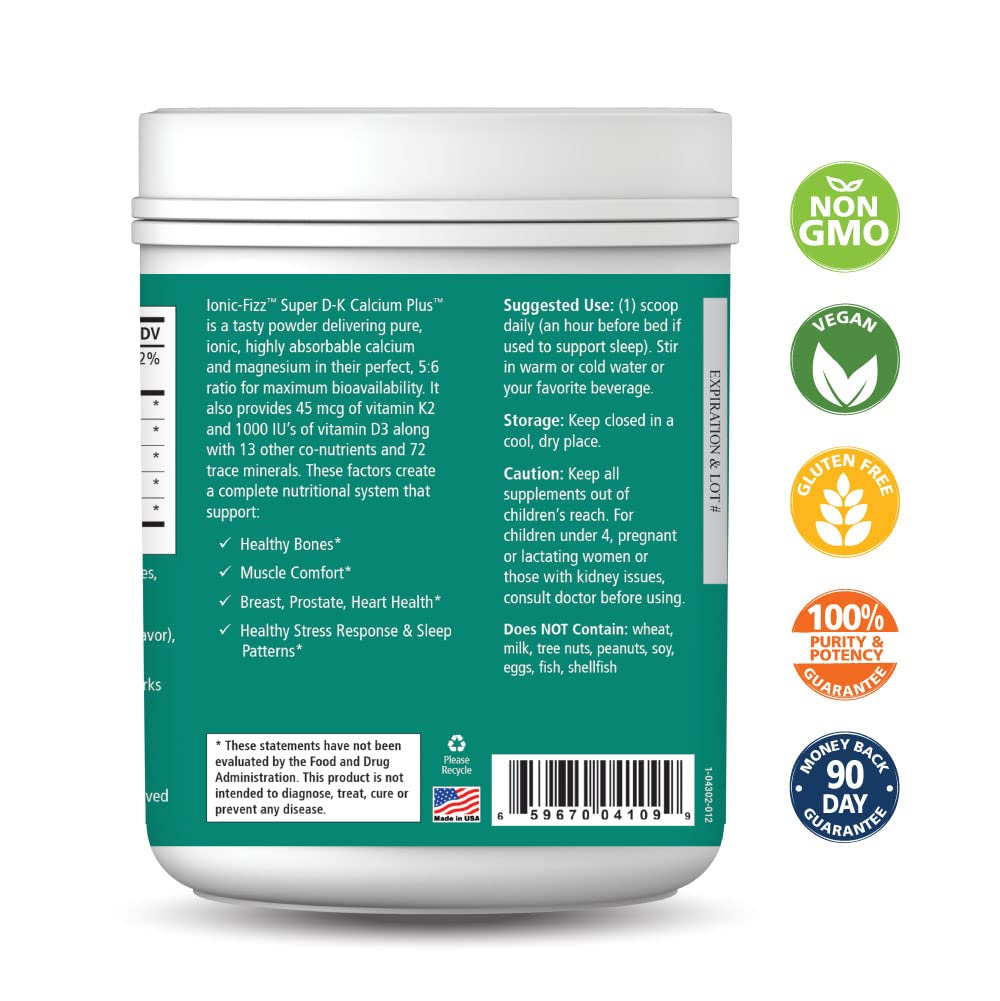 Ionic Fizz Super D-K Calcium Plus by Pure Essence - with Extra Magnesium, Vitamin D3, Vitamin K2 for Strong Bones and Stress Support - Raspberry Lemonade - 14.82oz