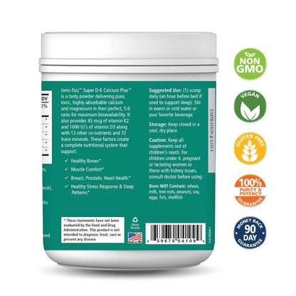 Ionic Fizz Super D-K Calcium Plus by Pure Essence - with Extra Magnesium, Vitamin D3, Vitamin K2 for Strong Bones and Stress Support - Raspberry Lemonade - 14.82oz