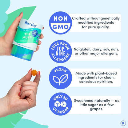 Toddler Multivitamin Gummies for Ages 2 & 3 – No Fake Sugars, No Artificial Colors, No Fillers – Choline, 10 Essential Nutrients, 21 Organic Superfoods – Clean Label Purity Award – 60 Count | First Day toddler vitamins for ages 2-3: vegan toddler vitamin