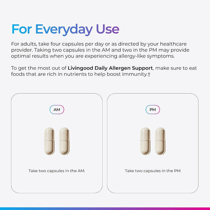 Livingood Daily Allergen Support, Natural Allergy Supplement with Vitamin C, Quercetin, Nettle Leaf, Zinc, Bromelain & Tinospora, Non GMO, Vegan, Immune Support Formula, 120 Vegetarian Capsules