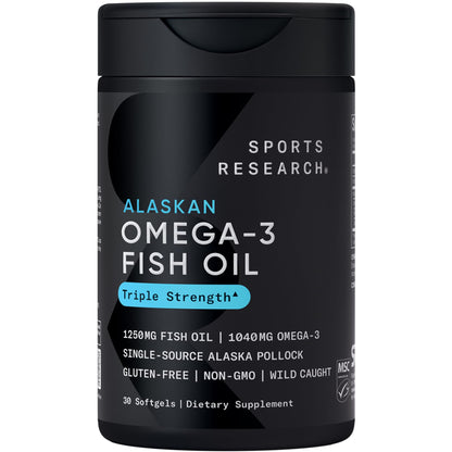 Sports Research® Omega-3 Fish Oil 1250 - Triple Strength Fish Oil Supplement from Wild Alaska Pollock - MSC Certified Sustainable · Non-GMO · Soy Free - 90 Softgel Capsules