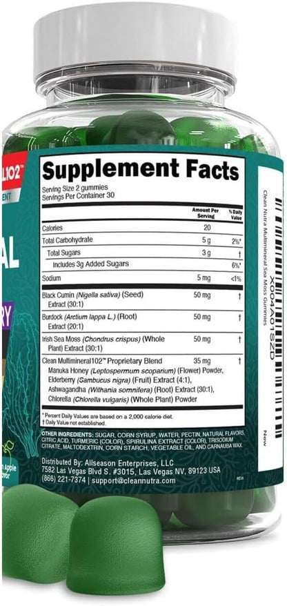 Sea Moss Gummies | Clinically Tested - Black Seed Oil Ashwagandha Elderberry Burdock Root Chlorella Manuka Honey - Vegan Irish Sea Moss Gummy Vitamins for Adults Kids Men Women - Green Apple Flavor