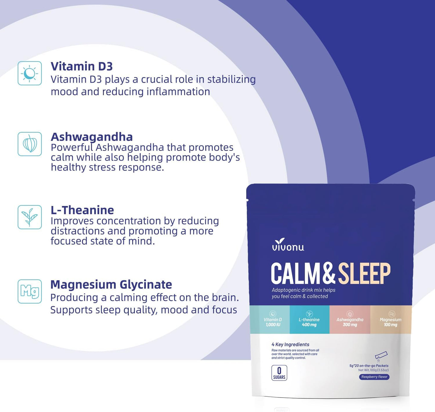 VivoNu Calm & Sleep Powdered Drink Mix Raspberry L Theanine Ksm-66 Ashwagandha Magnesium Glycinate Vitamin D 3 Supplements for Relaxation & Focus No Sugar Non GMO