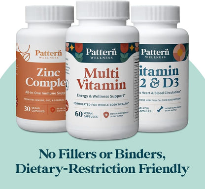 Pattern Wellness Men's Health Bundle - Multivitamin, Vitamin K2 & D3, Zinc Complex - Male Health & Wellness Support - 3 Pack, All-Natural, Plant-Based Formulas