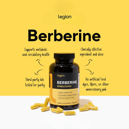 LEGION Berberine Supplement - Berberine HCl 1500mg - Supports Metabolic Health, Glucose Metabolism & Healthy Cholesterol Levels - Enhanced Absorption - Third-Party Tested - 60 Veggie Capsules