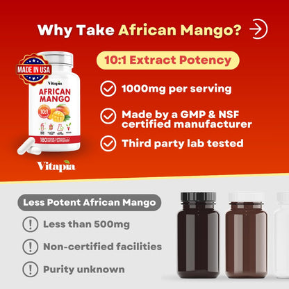 African Mango Capsules for Immune System, Metabolism, and Nutritional Wellness Support - Pure 10:1 Irvingia Gabonensis Extract - 180 Veggie Capsules Non-GMO, Gluten-Free, Vegan-Friendly