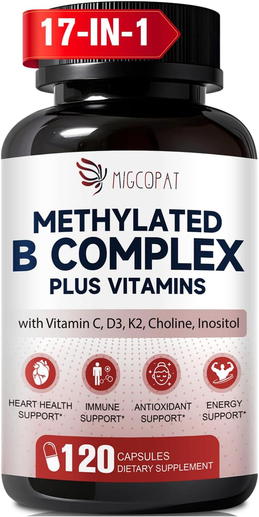 Migcopat 17-in-1 Methylated B Complex, 258,150 mcg Multivitamins, B12 Methylcobalamin, Methylfolate,Vitamin C, Vitamin D3 K2, CoQ10, Biotin, TMG, Methylated Multivitamin for Energy, Brain-120 Capsules