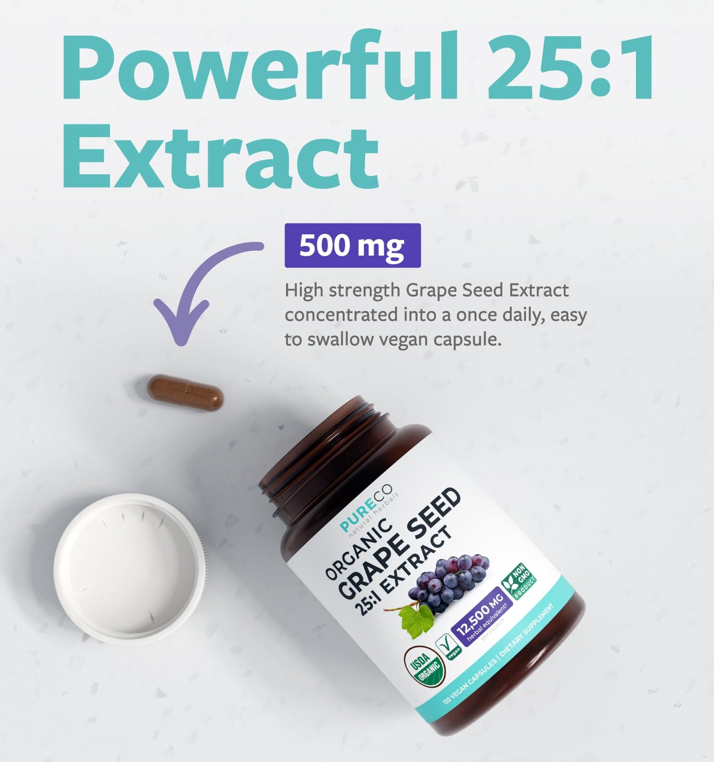PURE CO USDA Organic Grape Seed Extract - High Potency 25:1 Grapeseed Supplement with 12,500mg Herbal Equivalent Strength - Antioxidant Support - Vegan & Non-GMO (4 Month Supply)