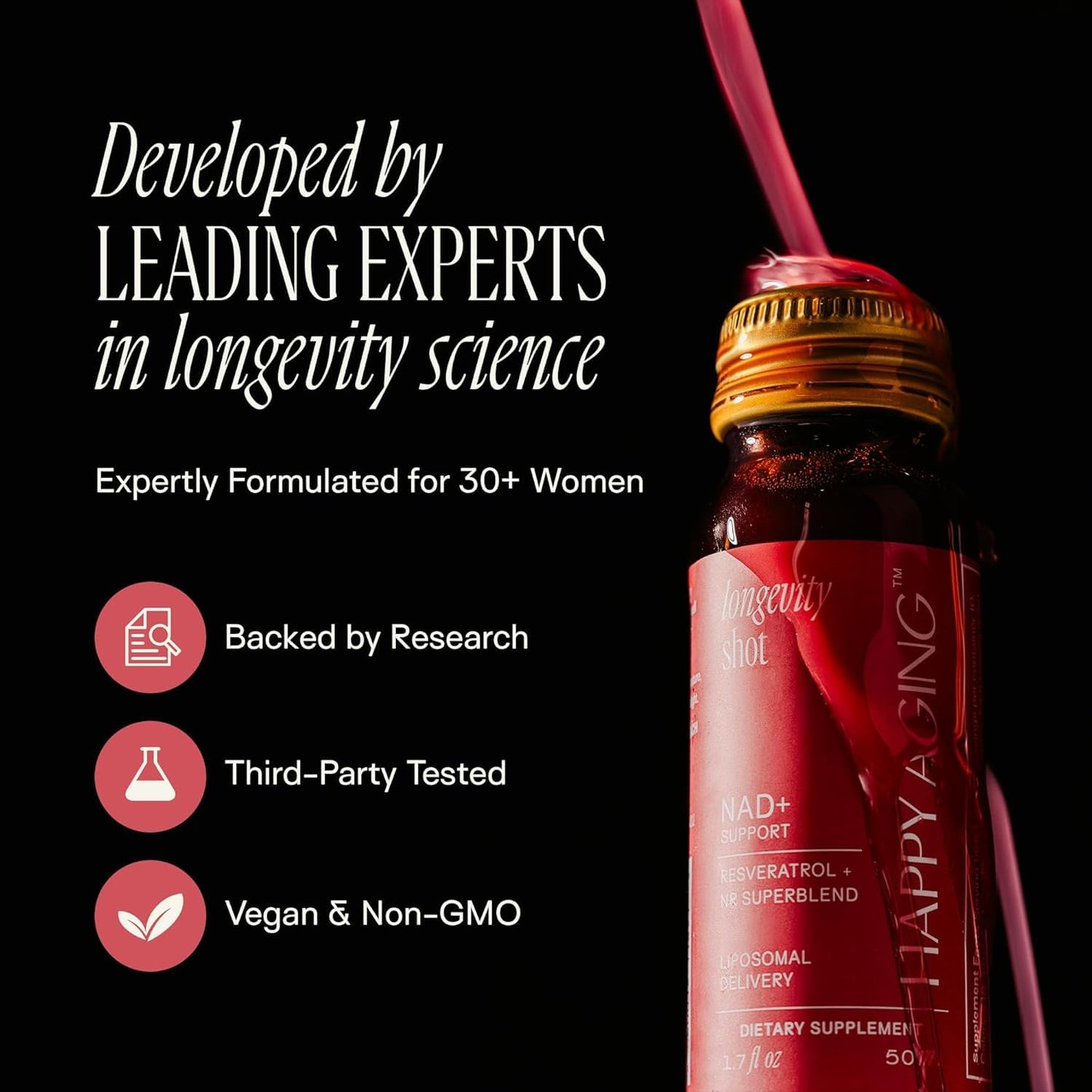Happy Aging Liquid NAD+ Supplement for Women | Liposomal Nicotinamide Riboside & Resveratrol Shots for Energy, Skin Health & Brain Fog | NMN Alternative with Antioxidants | 10 Shots, 30-Day Supply