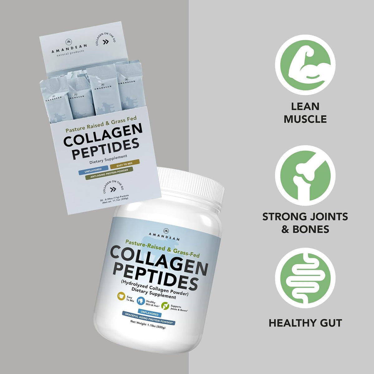 AMANDEAN Collagen Peptides Bundle. 1kg & Stick Packs. Grass-Fed, Enzymatically Hydrolyzed, Type 1 & 3. Protein with 18 Amino Acids for Healthy Skin, Hair, Nails. Easy to Mix, Unflavored, Non-GMO