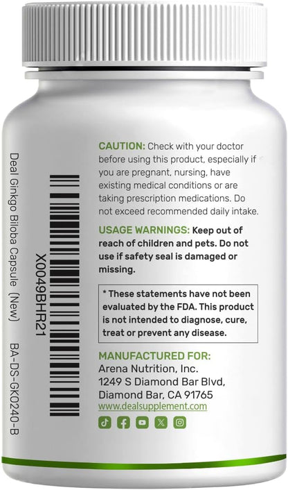 DEAL SUPPLEMENT Ginkgo Biloba 500mg Per Serving, 240 Capsules, 4 Month Supply – Grown in Northern Asia – Extra Strength, Promotes Brain Function
