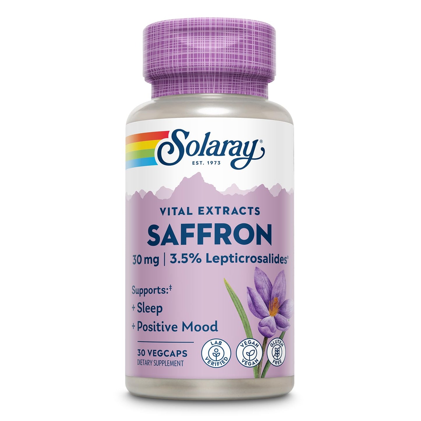 SOLARAY Saffron Extract - Sleep and Positive Mood Support - Vegan and Gluten Free Saffron Supplements - Lab Verified - 60-Day Guarantee - 30 Servings, 30 VegCaps