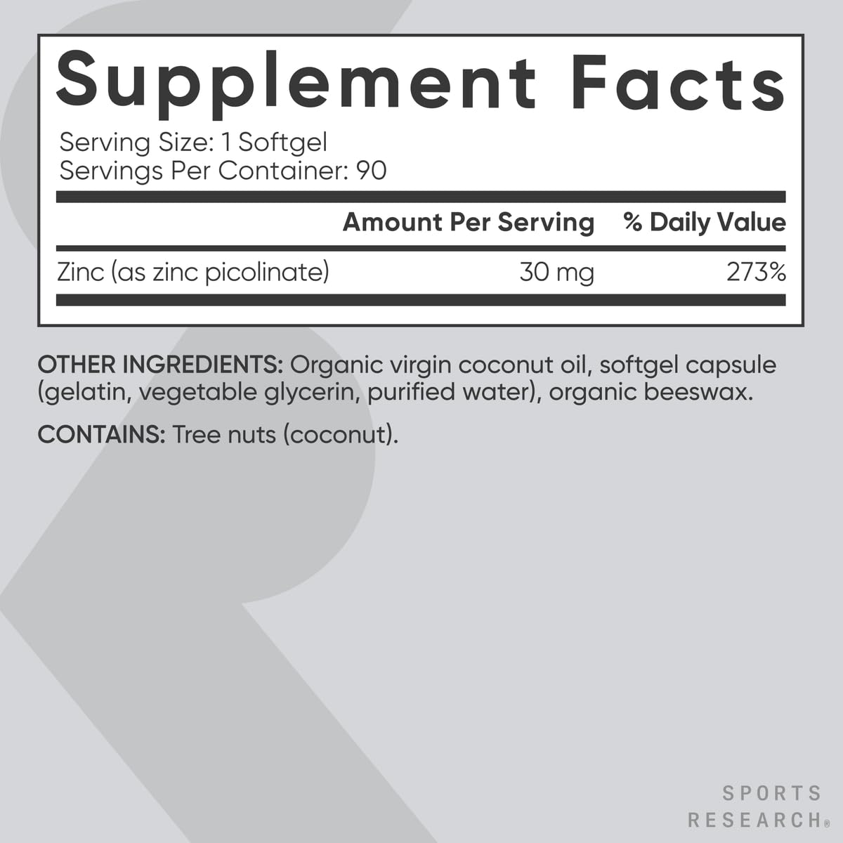 Sports Research High Potency Zinc Picolinate 30mg with Organic Coconut Oil | Highly Absorbable Zinc Supplement for Healthy Immune & Enzyme Function - Non-GMO Tested & Gluten-Free (90 Liquid Softgels)