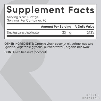 Sports Research High Potency Zinc Picolinate 30mg with Organic Coconut Oil | Highly Absorbable Zinc Supplement for Healthy Immune & Enzyme Function - Non-GMO Tested & Gluten-Free (90 Liquid Softgels)