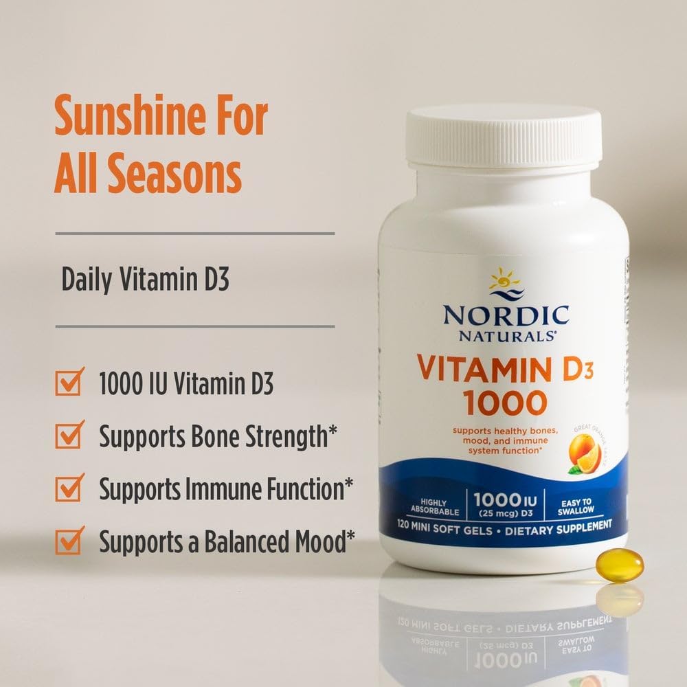 Nordic Naturals Vitamin D3 1000 IU, Orange - 120 Mini Soft Gels | Vitamin D3 supports healthy bones, positive mood & immune system function. Orange flavor mini soft gels. 120 servings