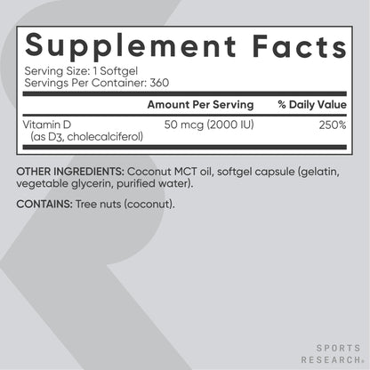 Sports Research Vitamin D3 5000 IU with Coconut MCT Oil - High Potency Vitamin D Supplement for Immune & Bone Support - Non-GMO Verified, Gluten & Soy Free – 125mcg, 360 Liquid Softgels