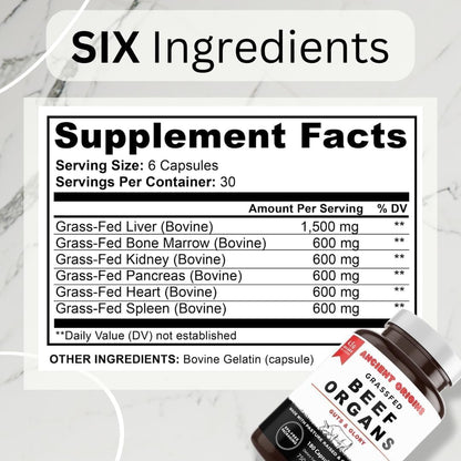 Ancient Origins Grass Fed Beef Organs Supplement 4500 mg - Desiccated Liver, Bone Marrow, Heart, Spleen, Pancreas & Kidney, Non-GMO, Gluten Free, Undefatted (180 Capsules, 750mg Each)