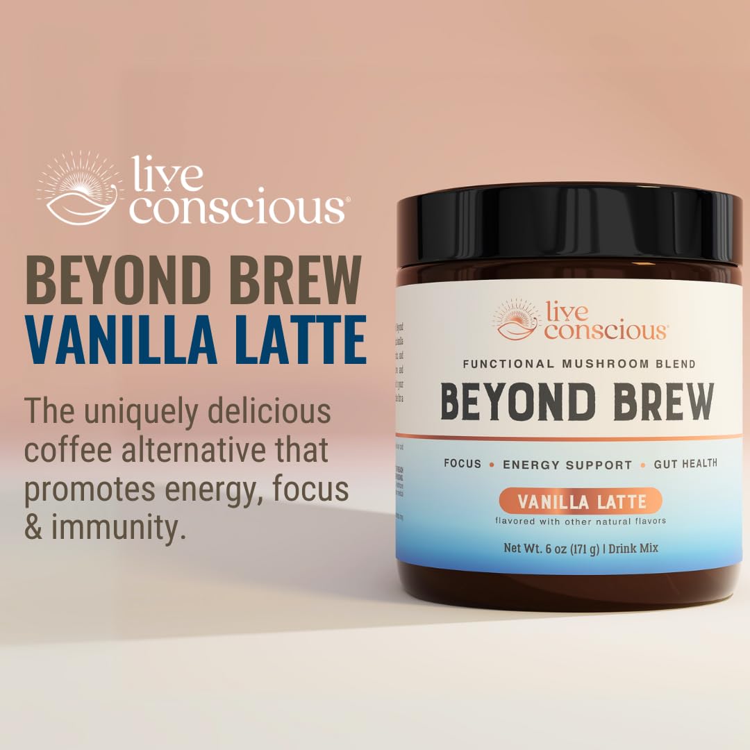 Live Conscious Beyond Brew - Coffee Alternative - Low Caffeine - Mushroom Complex w/Lion’s Mane, Reishi, Cordyceps & Chaga for Sustained Focus, Energy & Immunity - w/Prebiotics & Probiotics - 30