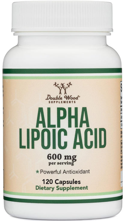 Alpha Lipoic Acid 600mg per Serving, 60 Capsules (Third Party Tested, Non-GMO, Gluten Free, Vegan Safe) Cellular Energy Support (ALA Supplement) by Double Wood
