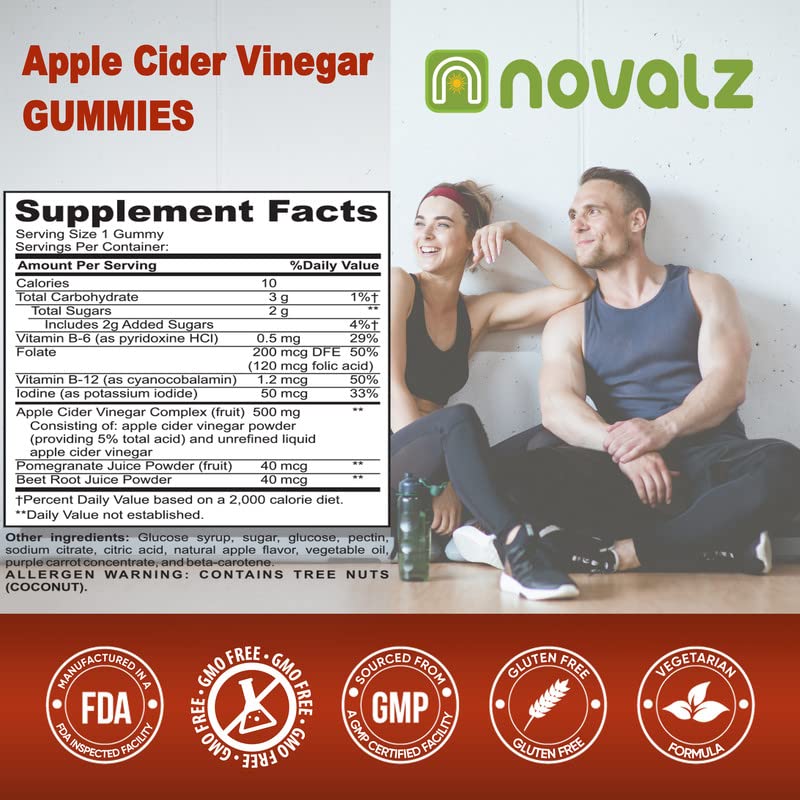 NOVALZ Apple Cider Vinegar Gummies for Weight Control, Detox, & Cleanse, 500mcg ACV