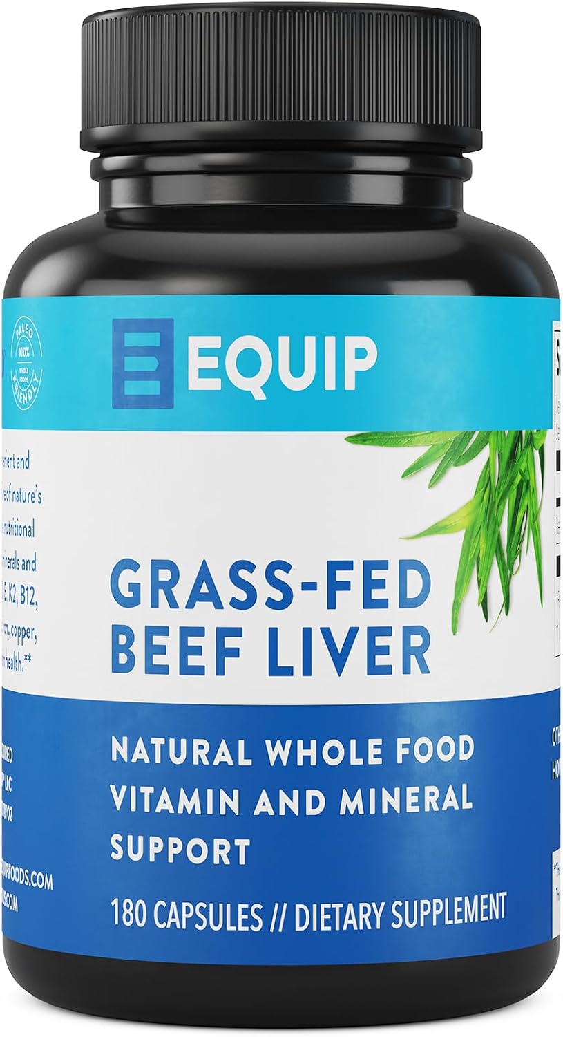 Equip Foods Grass-Fed Beef Liver | Natural Desiccated Beef Liver Supplement | Support Heart Health, Brain Function, Digestion, Metabolism, Immunity, Detoxification | 180 Capsules, 30 Servings