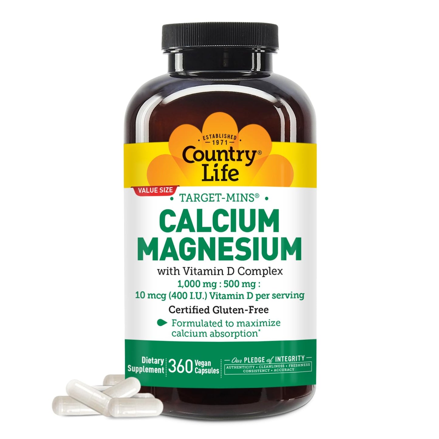 Country Life Target-Mins Calcium Magnesium with Vitamin D-Complex, 1000mg/500mg/10mcg, 240 Vegan Capsules, Certified Gluten Free, Certified Vegan
