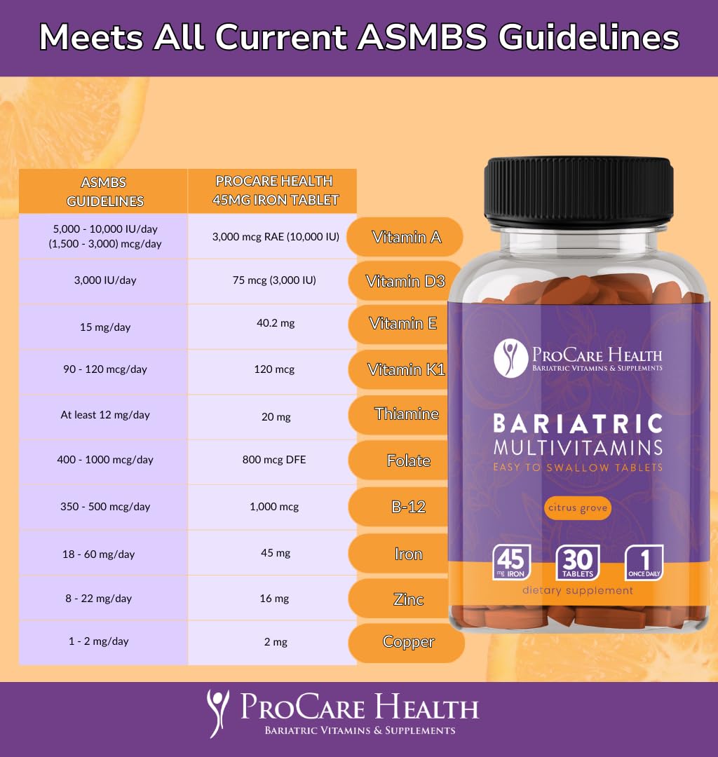 ProCare Health Easy-45 Bariatric Multivitamin | Citrus Grove Tablets | 90ct | Once Daily Tablets for Gastric Bypass Sleeve & Post-Op Support Pills for Sleeve Patients & Sustains Recovery, Easy to Swallow