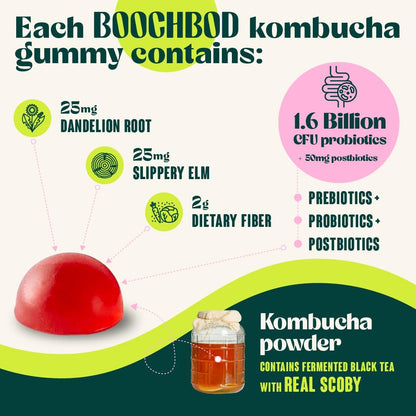 BoochBod - Probiotic Kombucha Gummy - Prebiotics, Probiotics, Postbiotics, Fiber Supplement, Slippery Elm, Dandelion Root, MCT Oil, for Bloating, Gut Health - Berry Bliss | Lemon Lime - Bundle & Save