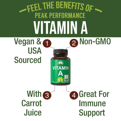 Certified Organic Vitamin A 5000 IU Supplement Capsules - High Potency Vitamins - for Adults, Men, Women, Kids - Made with Carrot Juice - Great for Immune, Skin, Eye Support - Non GMO, Vegan Pills