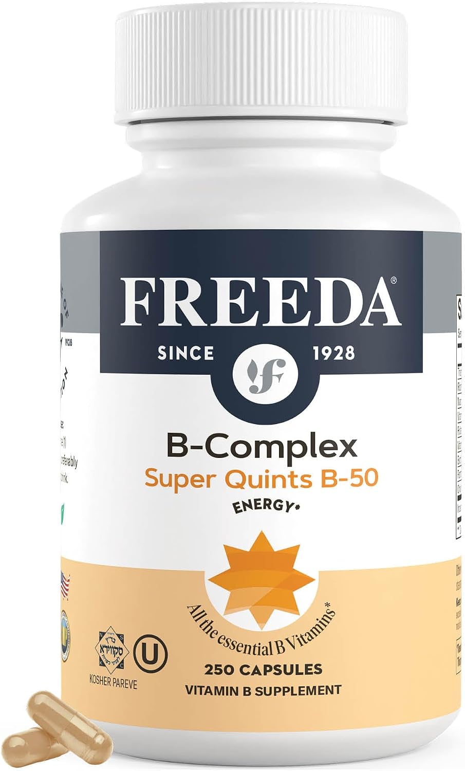 FREEDA Super B-50 Complex with Choline & Inositol for Metabolism – 250 Caps | Supports Energy, Immune & Nervous System, & Whole Body Wellness – Kosher, Gluten-Free, Vegan, & Made in USA