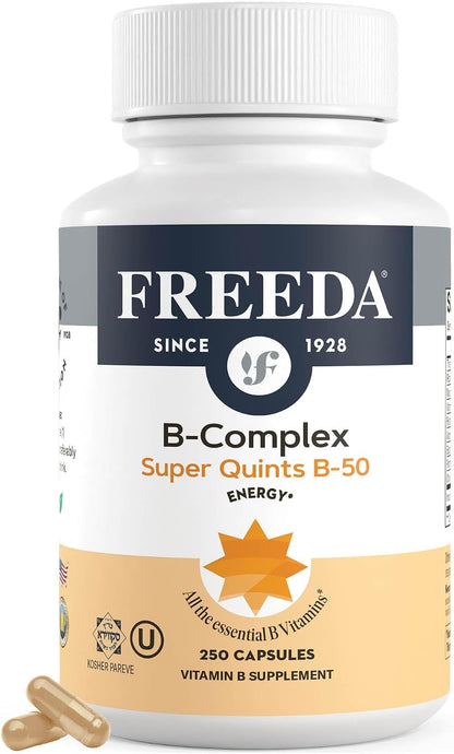 FREEDA Super B-50 Complex with Choline & Inositol for Metabolism – 250 Caps | Supports Energy, Immune & Nervous System, & Whole Body Wellness – Kosher, Gluten-Free, Vegan, & Made in USA