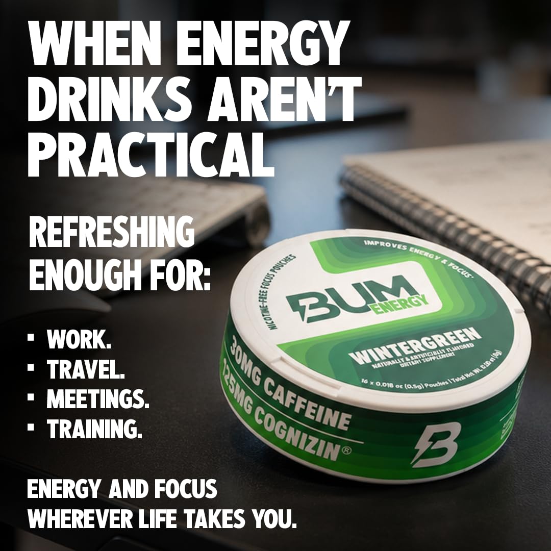 Bum Energy Pouches, Citrus, 30mg Caffeine + 125mg Cognizin Citicoline, Clean Energy & Focus, Discreet Oral Energy Pouches, 5 Packs of 16 Count