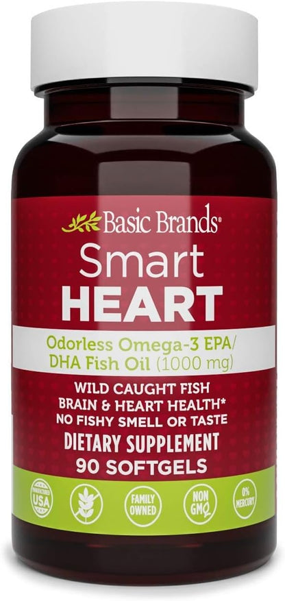 Basic Brands Smart Heart Odorless Omega-3 Fish Oil, Burp-Less, No Fishy Smell, 1000 mg, 90 Count | EPA DHA, Burpless, Heart Brain Joint, 90 Softgels