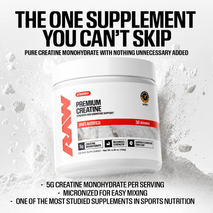 RAW Nutrition Creatine Monohydrate Powder, Unflavored (30 Servings) - Micronized Creatine Monohydrate Supplement for Workout Performance, Build Muscle & Strength - Creatine Powder for Men & Women