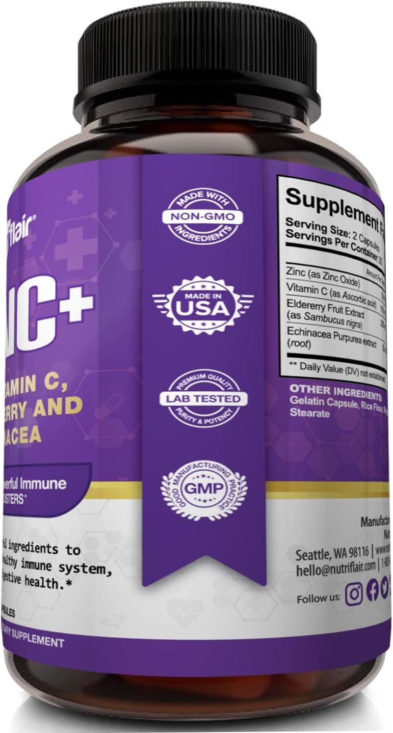 NutriFlair Zinc 50mg - with Vitamin C, Elderberry, Echinacea Purpurea Extract, Zinc Oxide - Compare with picolinate, Citrate, Oxide - Complete Immune Support Formula Pills with 4 Immune Defense