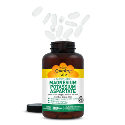 Country Life Target-Mins Magnesium Potassium Aspartate 600 mg/198 mg, Heart, Muscle & Bone Support, Vegan, Gluten-Free, Kosher, 180 Tablets