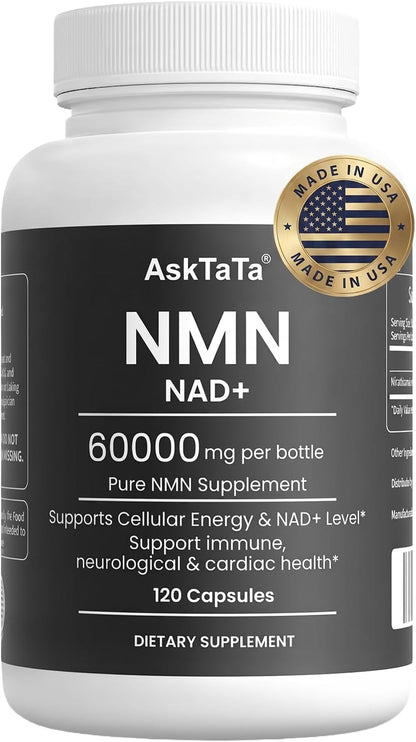 NMN Supplement 60000mg Nicotinamide Mononucleotide NAD+ Precursor Supports Mitochondrial Function, Cellular Energy & Healthy Aging 120 Capsules 60 Servings