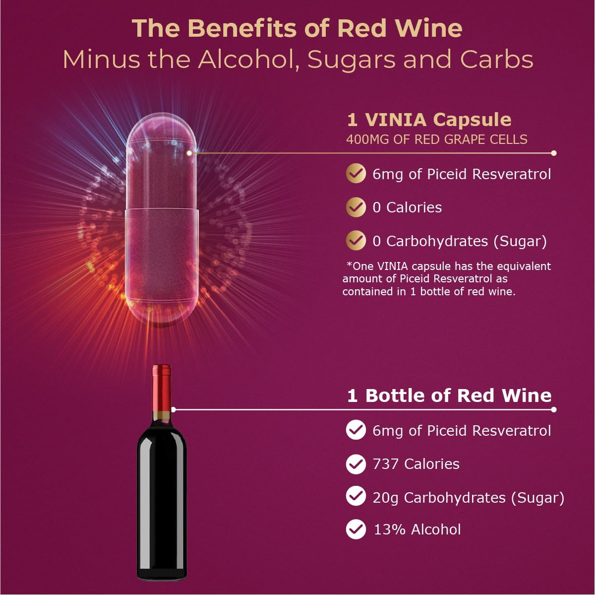 VINIA 12-Hour Sustained Release Piceid Resveratrol Supplement. Nitric Oxide Supplement