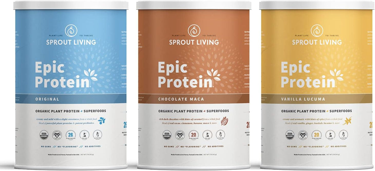 Sprout Living Epic Protein Bundle - Original, Chocolate Maca & Vanilla Lucuma (20g Organic Plant-Based Protein Powder, Vegan, Superfoods) | 2lb, 24 Servings