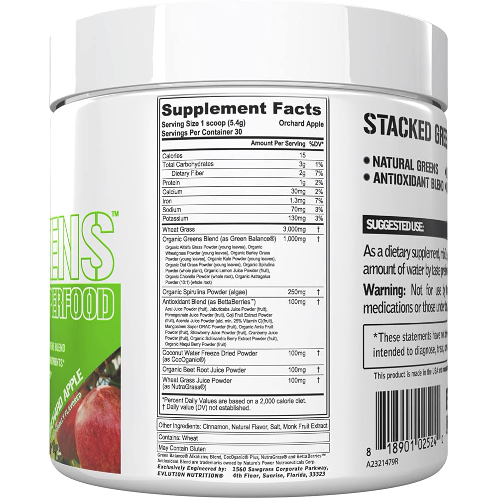 Evlution Greens and Superfoods Energy Drink Powder - EVL Super Greens Powder Smoothie Mix with Caffeine Spirulina Chlorella and Wheat Grass - Vegan - for Energy Focus and Immunity