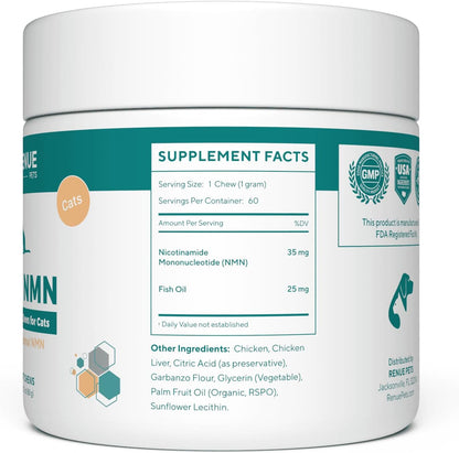 Renue By Science PET NMN Longevity Chews for Cats - Liposomal NMN with Fish Oil - Cold Extruded Soft Chews - 60 Count