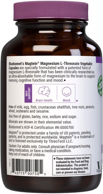 Bluebonnet Nutrition Magtein Magnesium L-Threonate, Brain Health*, Non-GMO, Vegan, Kosher Certified, Gluten-Free, Soy-Free, 90 Vegetable Capsules, 30 Servings