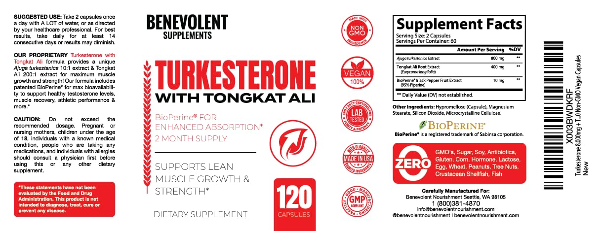 Benevolent Turkesterone with Tongkat Ali & BioPerine (Max Absorption) - High Potency 800mg Turkesterone Supplement for Men & Women - Increase Stamina, Muscle Growth, Recovery, 2 Months Supply