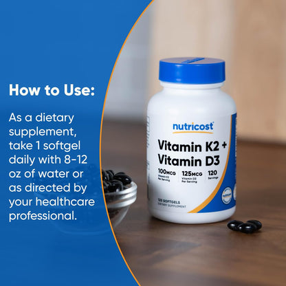 Nutricost Vitamin D3 + K2 (5000 IU D3 / 100mcg MK7), 120 Softgels – Gluten-Free & Non-GMO