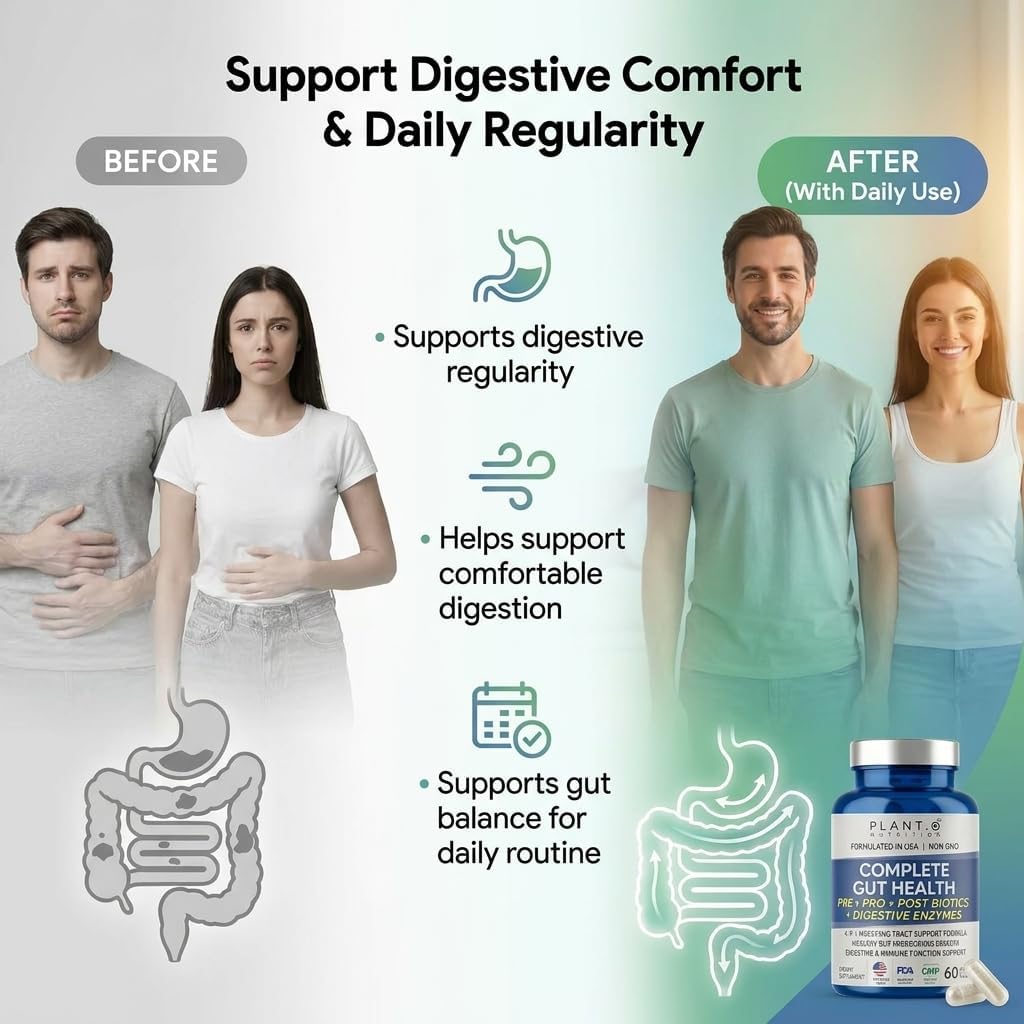 4-in-1 Gut Health Support – Prebiotics + Probiotics + Postbiotics + Digestive Enzymes for Women and Men – DE111 Spore Probiotic for Digestive Support & Bloating – Non-GMO – 60 Veggie Capsules