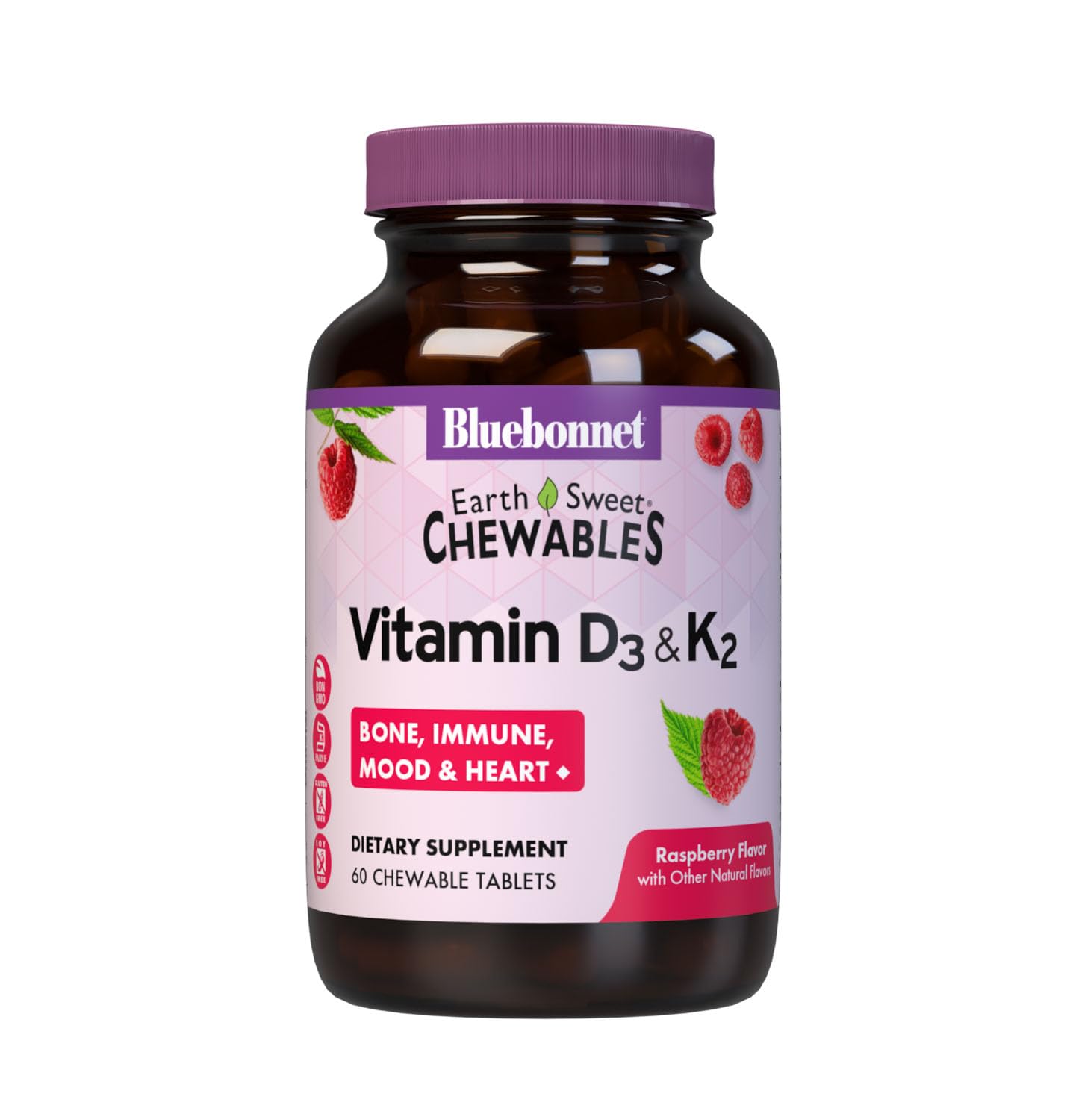 Bluebonnet Nutrition Vitamin D3 & K2 EarthSweet Chewable Tablets, for Immune, Mood & Heart Health*, Soy-Free, Gluten-Free, Non-GMO, Kosher Dairy, 60 Raspberry Flavor Chewable Tablets, 60 Servings