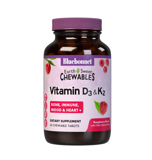 Bluebonnet Nutrition Vitamin D3 & K2 EarthSweet Chewable Tablets, for Immune, Mood & Heart Health*, Soy-Free, Gluten-Free, Non-GMO, Kosher Dairy, 60 Raspberry Flavor Chewable Tablets, 60 Servings