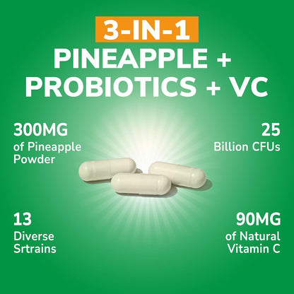 Vitalibre Pineapple + Probiotic, 300 mg, 25 Billion CFUs, 13 Strains, Natural Vitamin C, Powerful Antioxidants, for Immunity, Vaginal, Gut Health, 30 Vegan Capsules, Non GMO